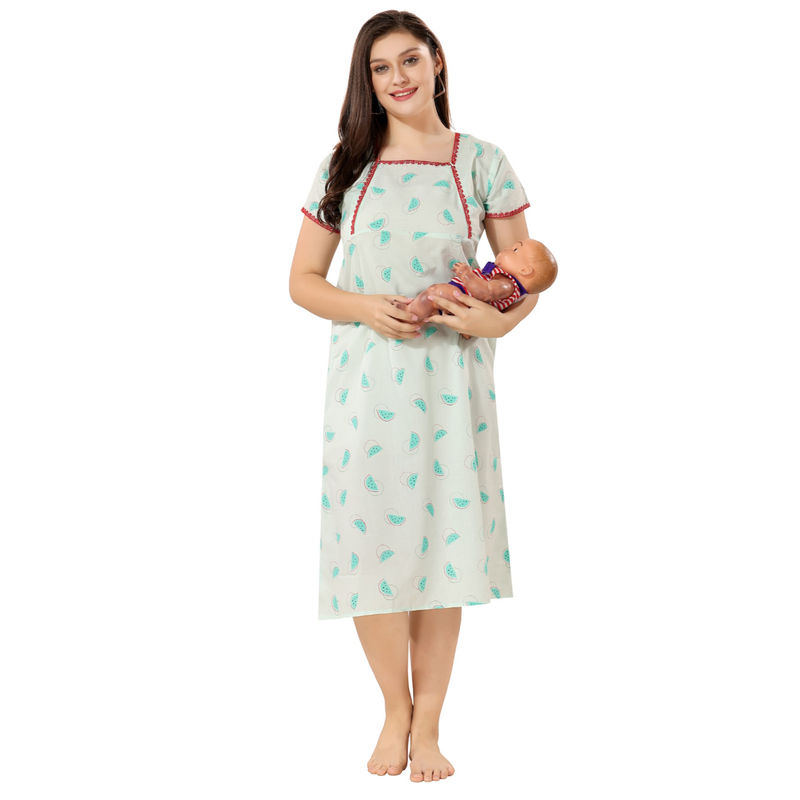 PIU Green Feeding Cotton Half Sleeves Watermelon Print Nighty (XL)