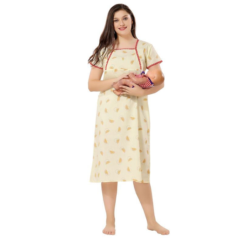 PIU Yellow Feeding Cotton Half Sleeves Watermelon Print Nighty (XL)