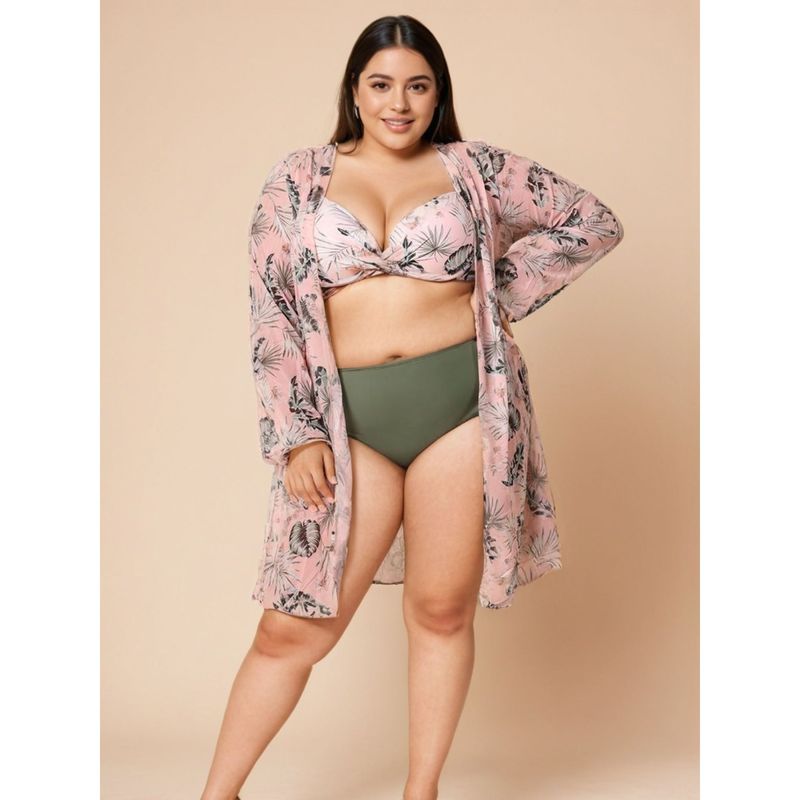 WomanLikeU Sage Green Plus Size Bikini Top With Bottom And Shrug (Set of 3) (XL)