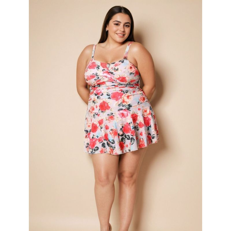 Grey & Pink Floral Plus Size Swim Dress (XL)