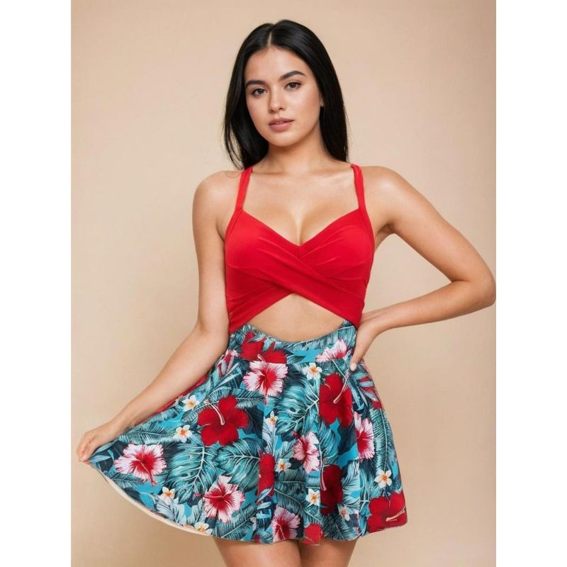 WomanLikeU Red Cross-Strap Swim Dress with Bikini Bottoms (Set of 2) (L)