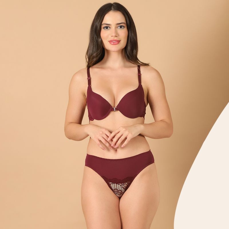 PrettyCat Sexy Women Lightly Padded Plunge Bra & Panty with Backside Lace Panel. (Set of 2) (34B)