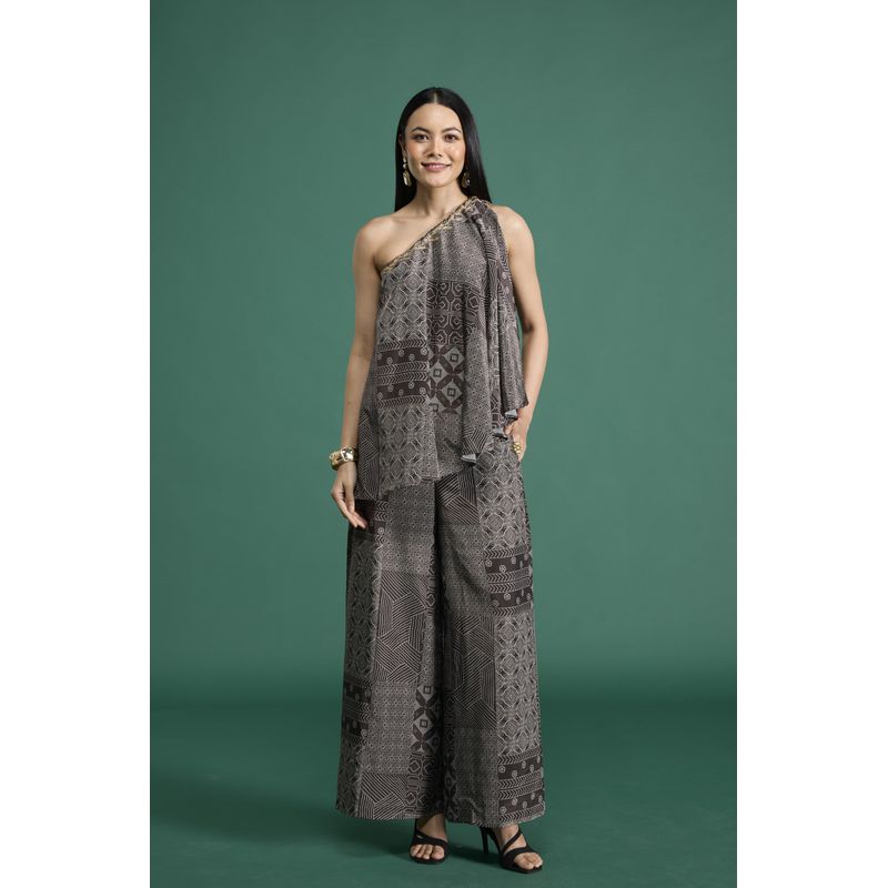 Gajra Gang Brown Crepe One Shoulder Top & Pant Desert Rani Set of 2 (XS)