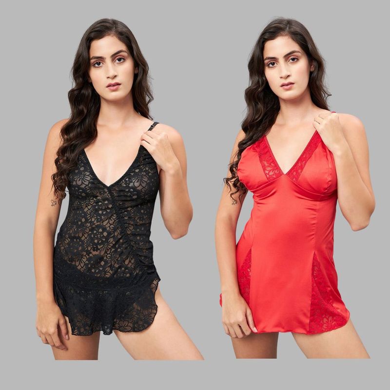 Secrets By ZeroKaata Women Assorted Self Design Short Baby Doll Lingerie - Multicolor (Pack of 4) (S)