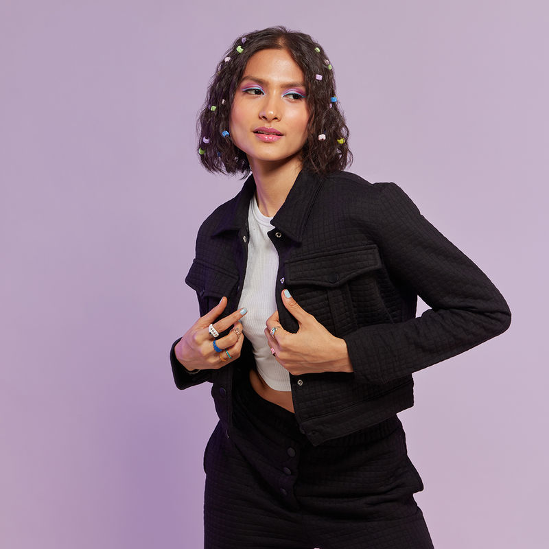 MIXT by Nykaa Fashion Black Textured Full Sleeves Jacket (S)