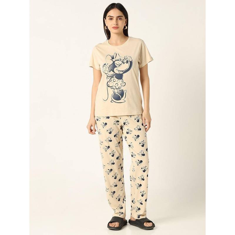 R&B Women Beige Cotton Short Sleeves Round Neck T-Shirt with Pyjamas (8)