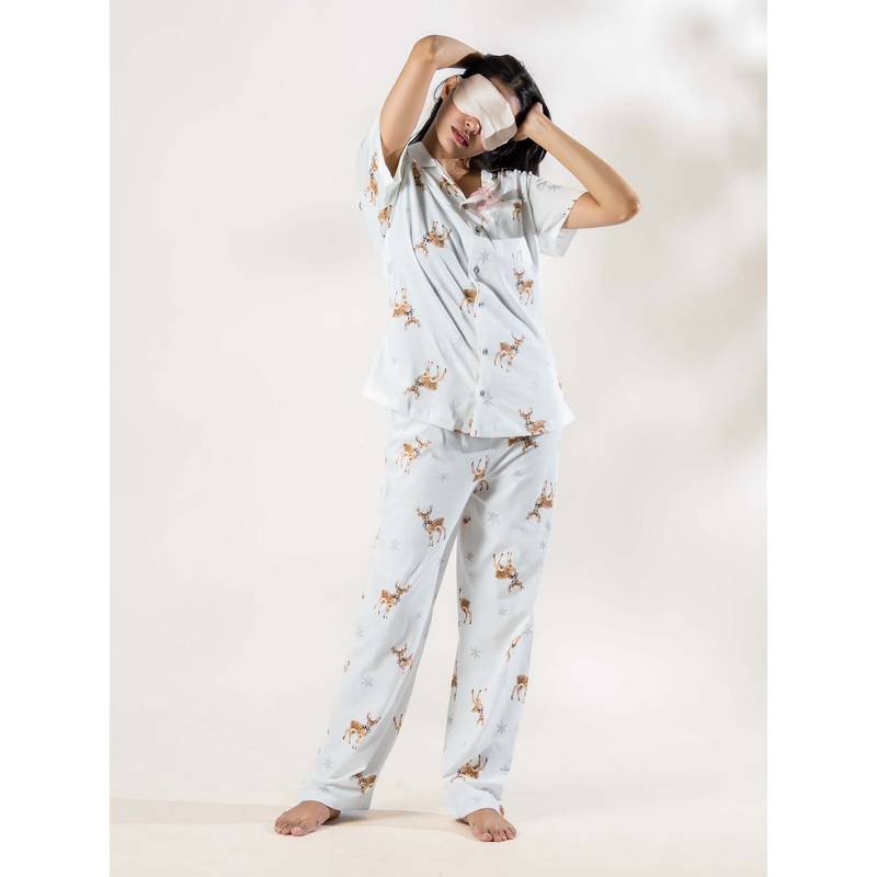 PIU Women Deer Printed Cotton Pajama Set - White (S)