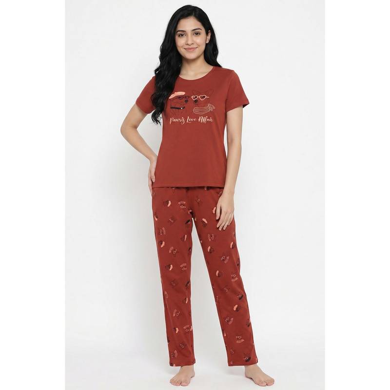 Zivame Farm Lore Knit Cotton Pyjama Set - Rust (XS)
