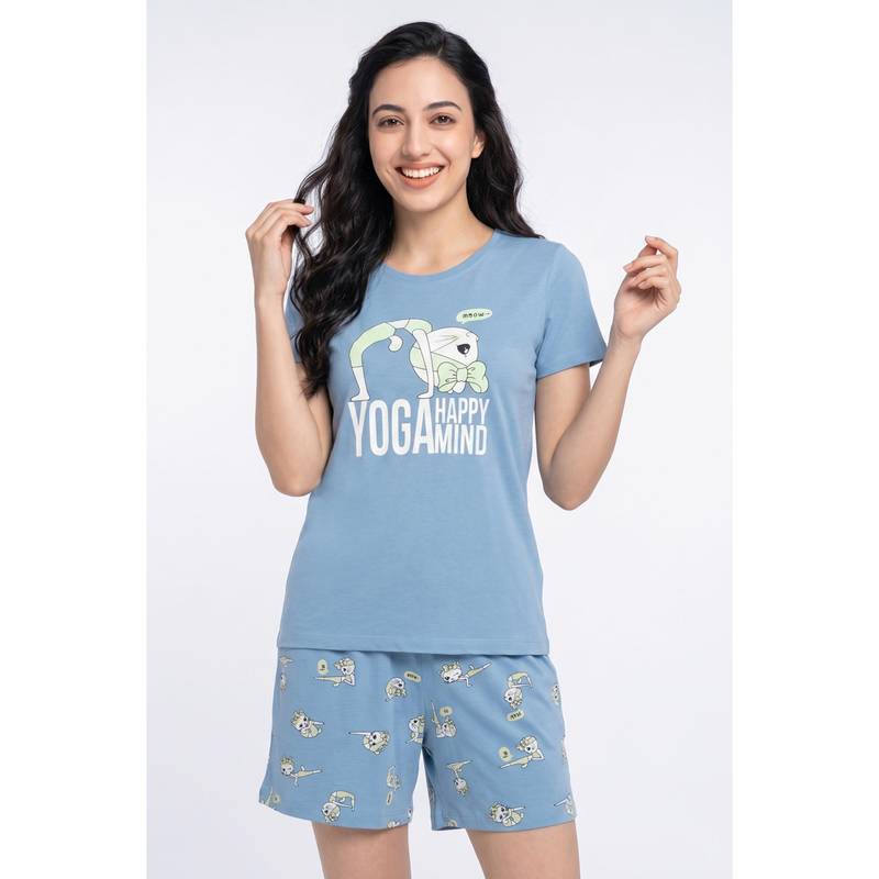 Zivame Farm Lore Knit Cotton Short Set - Blue (XL)