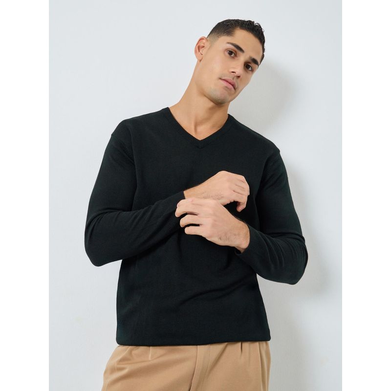 Styli Mens Black Regular Fit Solid V-Neck Sweater (L)