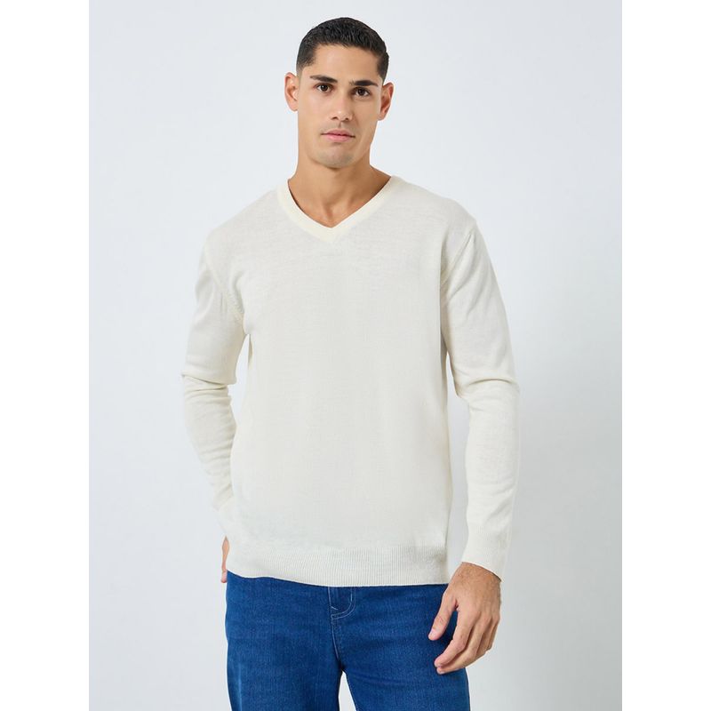 Styli Mens Off White Regular Fit Solid V-Neck Sweater (M)