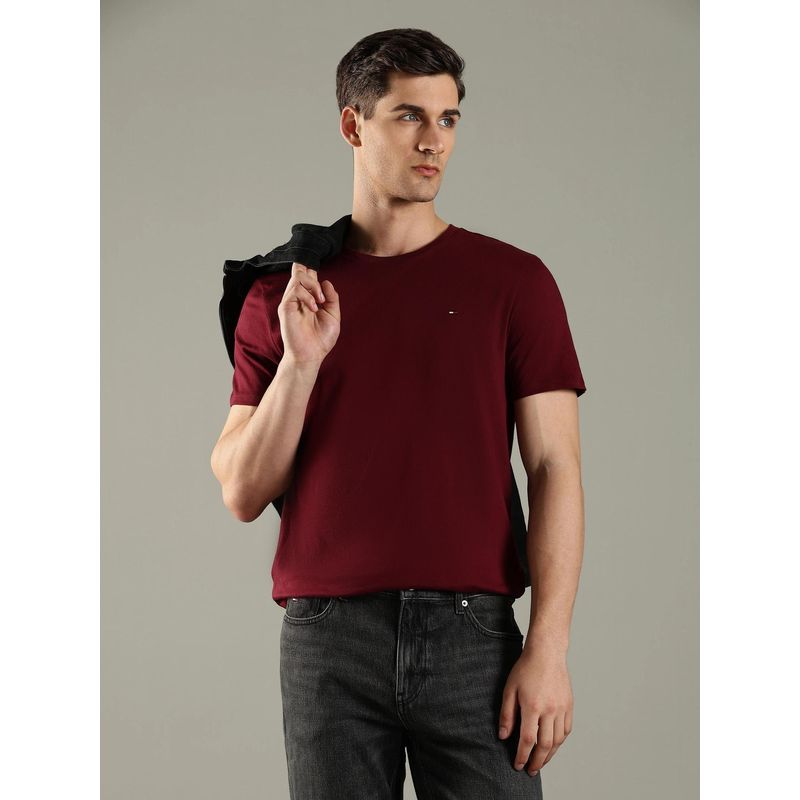 Tommy Hilfiger Burgundy Solid Regular Fit Cotton T-Shirt (S)