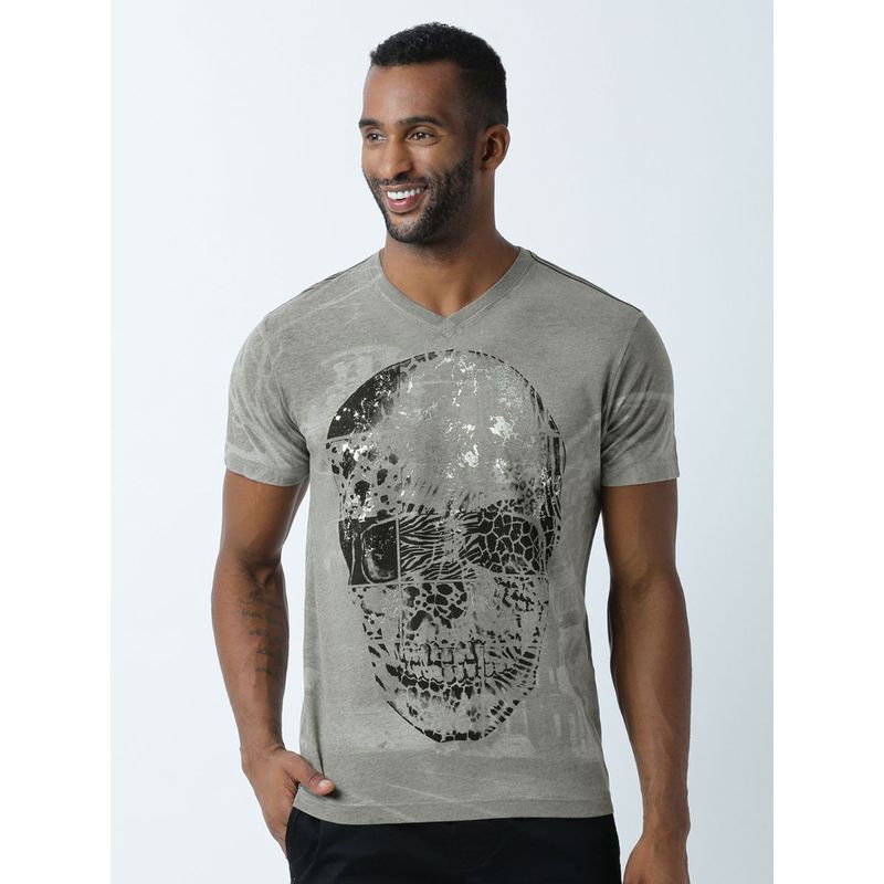 Huetrap Mens Printed V Neck Grey T-Shirt (S)