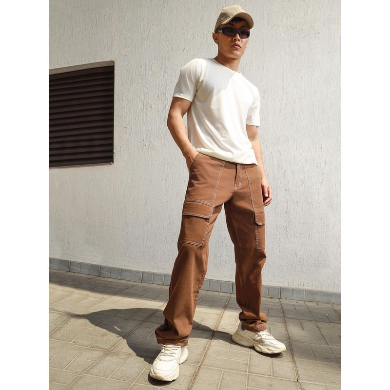Hubberholme Mens Brown Smart Casual Summer Cotton Loose Fit Mid Rise Cargo Pant (28)