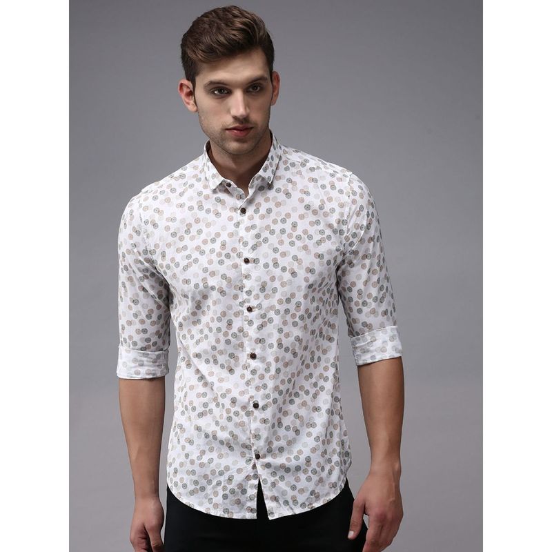 SHOWOFF Men White Collar Neck Printed Comfort Fit Shirt (L)