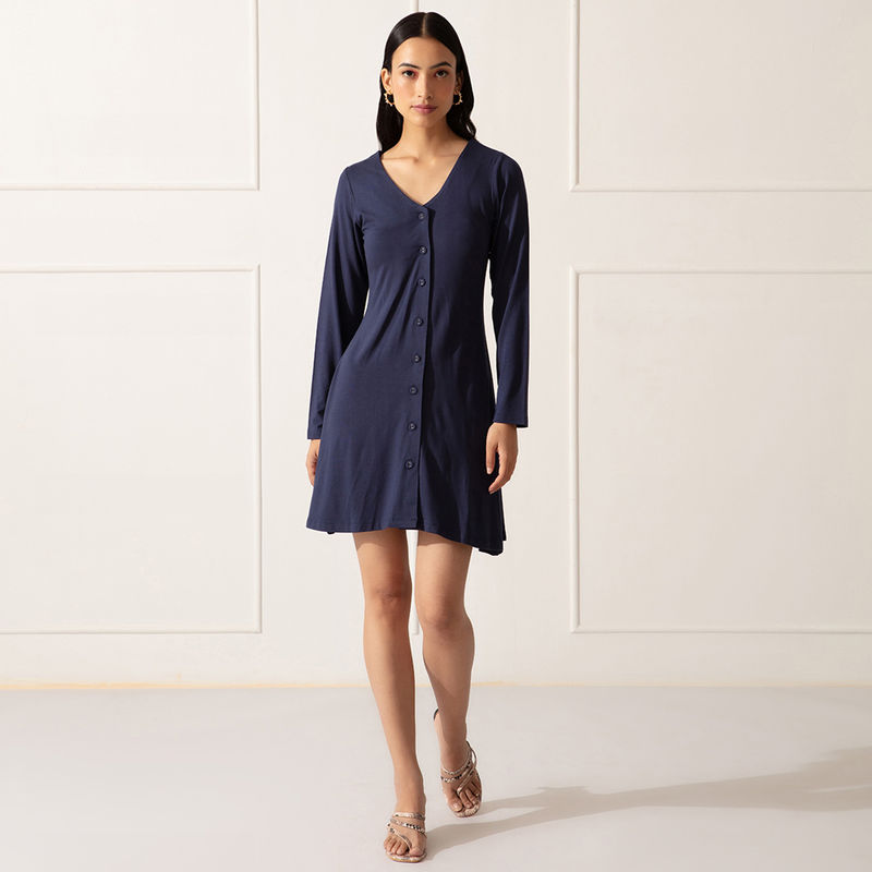 Twenty Dresses by Nykaa Fashion Basics Blue Button Down Time Dress (XS)