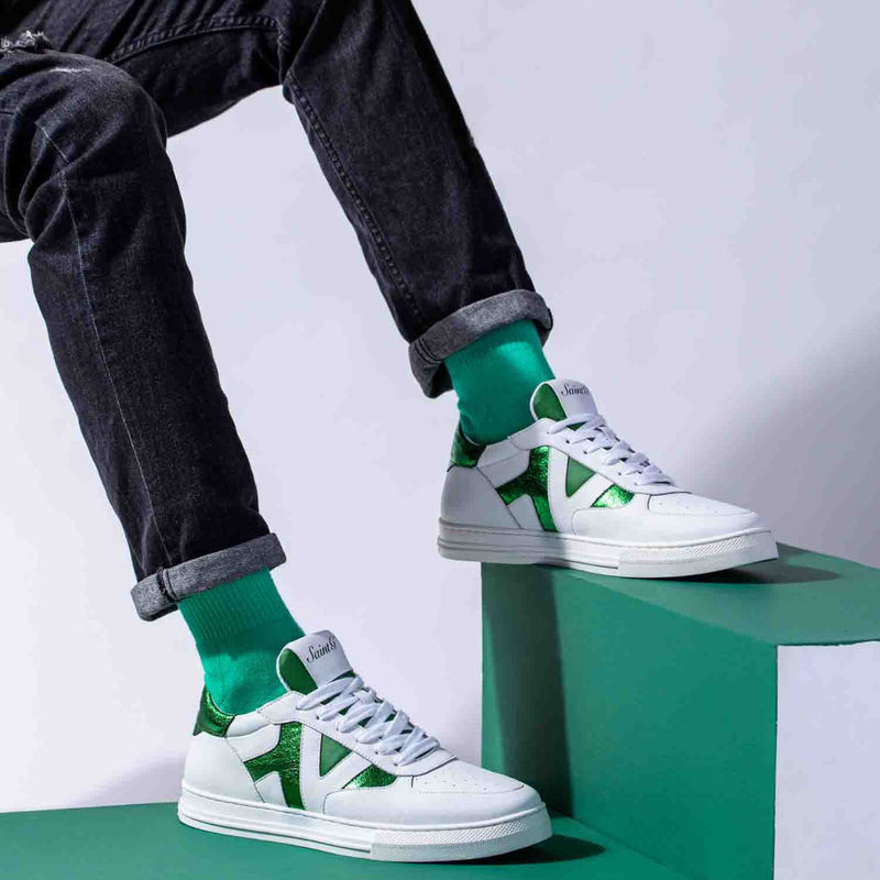 Saint G Elliot Unisex White & Green Leather Handcrafted Sneakers (UK 9)