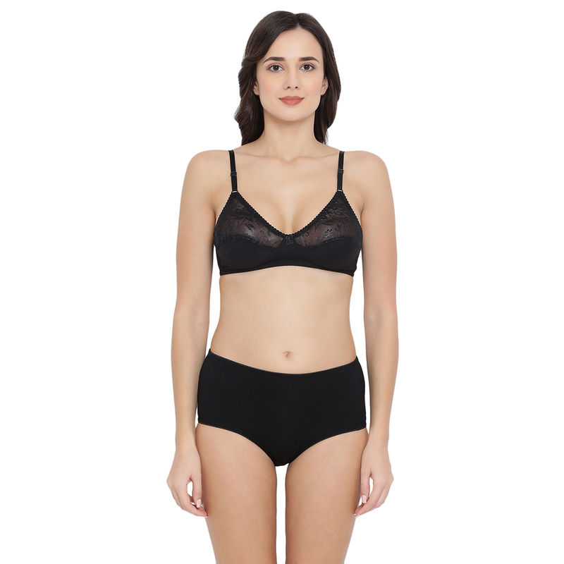 Clovia Cotton Rich Non-Padded Non-Wired Bra & High Waist Hipster Panty - Black (32C)