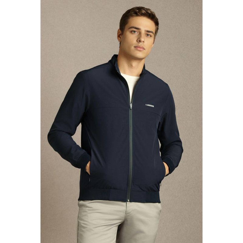 Louis Philippe Navy Blue Polyester Full Sleeves Jacket (M)