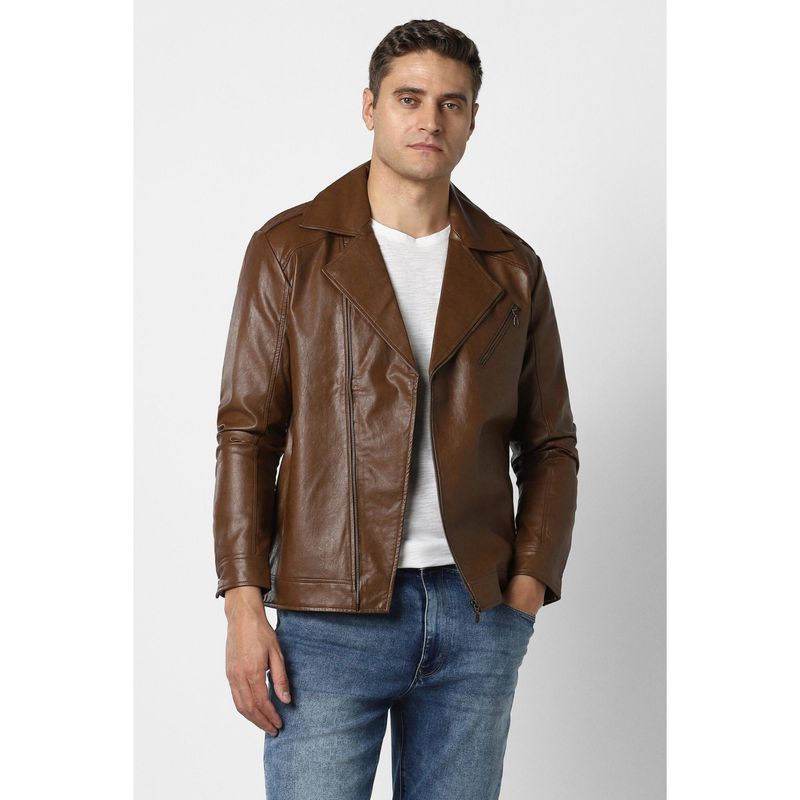 Peter England Brown Polyurethane Full Sleeves Jacket (S)