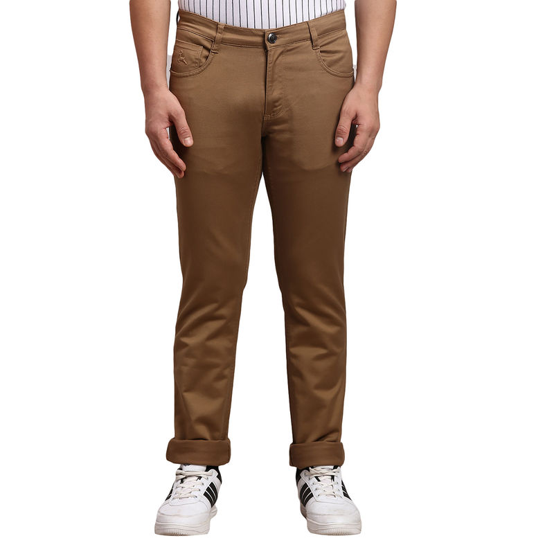 Parx Slim Tapered Fit Solid Brown Jeans (30)