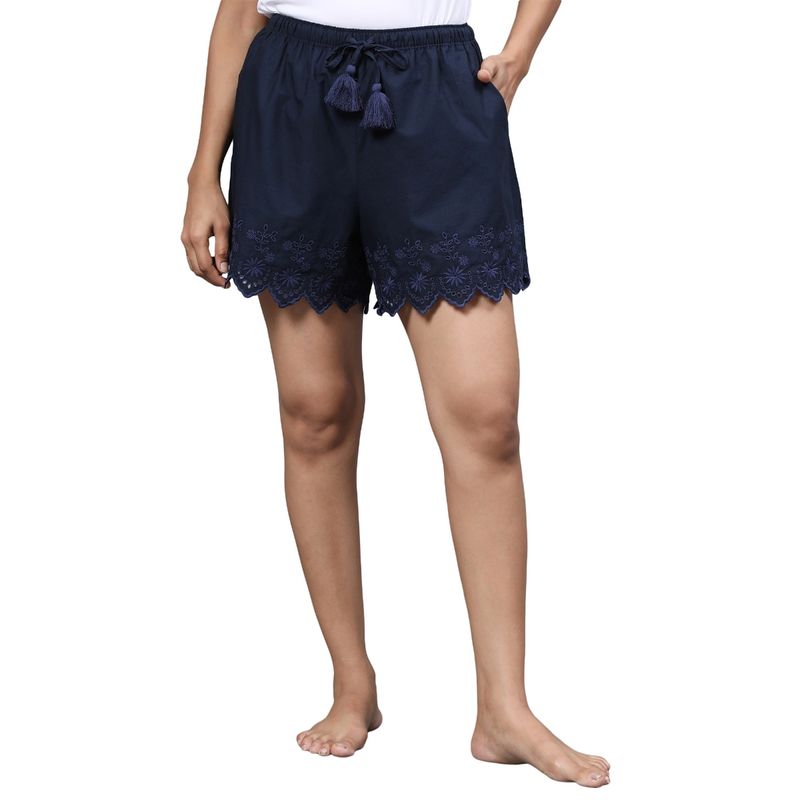 BSTORIES Lounge Shorts For Women-Navy Embroidered (S)