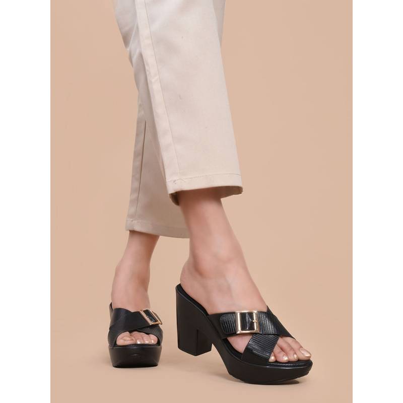 Jove Women Black Textured Block Heels (EURO 36)