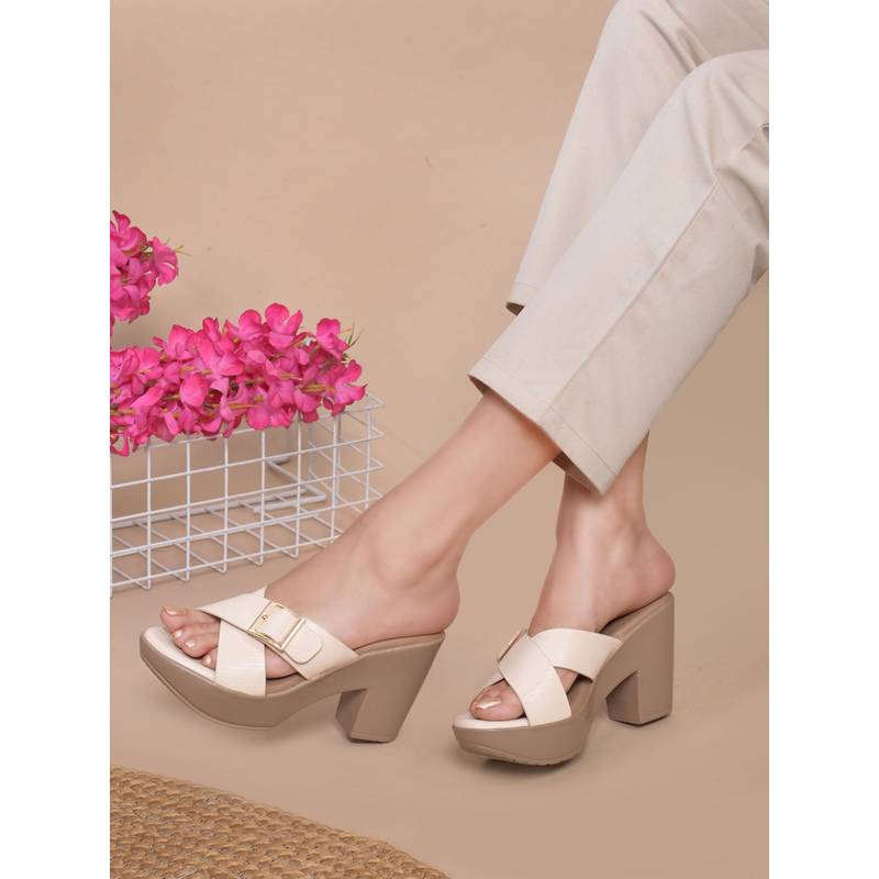 Jove Women Beige Textured Block Heels (EURO 35)