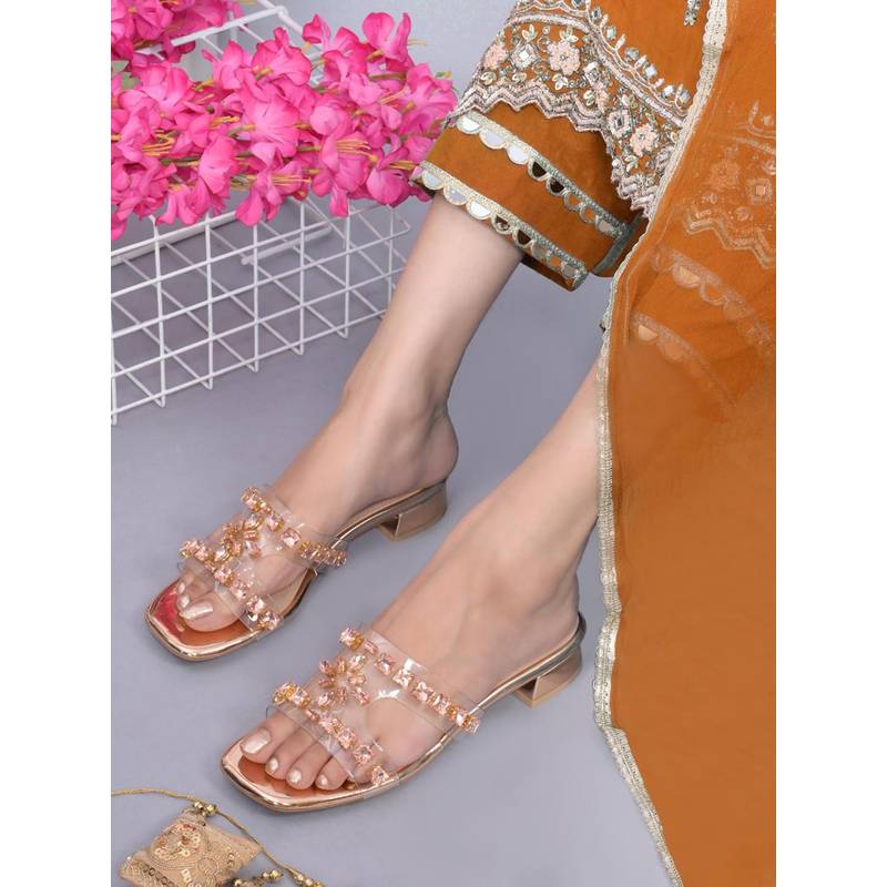 Jove Women Copper Embellished Block Heels (EURO 36)