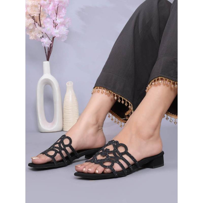 Jove Women Black Embellished Block Heels (EURO 36)