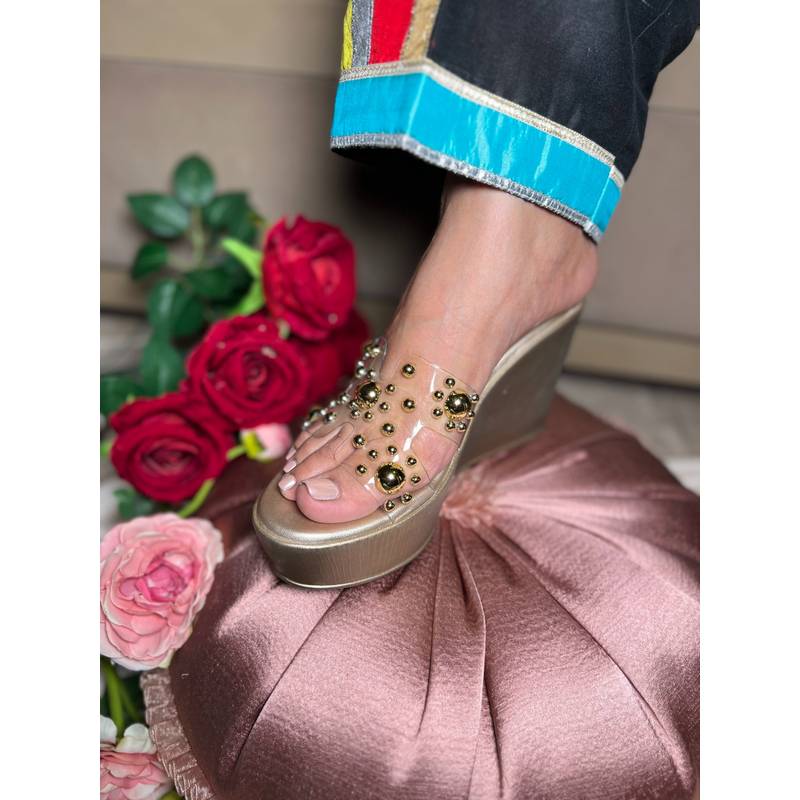 Sandal Stories Women Golden Glam Studded Wedges Heels (EURO 36)