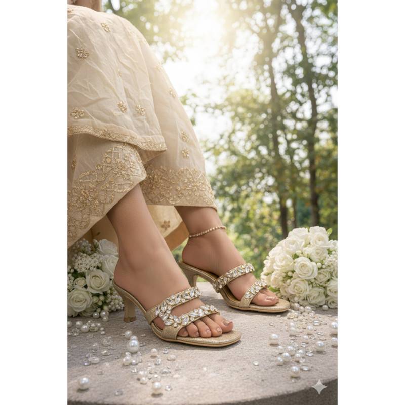 Sandal Stories Women Gold Sitara Luxe Crystal Spool Heels (EURO 37)
