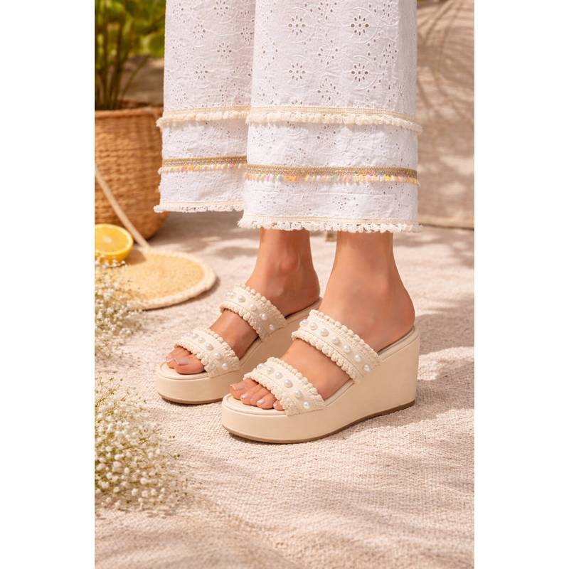 Sandal Stories Women Cream Grace Pearl Studded Wedges Heels (EURO 36)