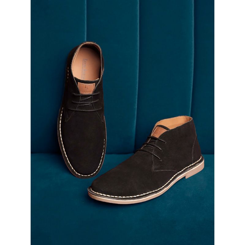 Louis Stitch Men Jet Black Mid Top Block-Heeled Desert Boots (UK 9)