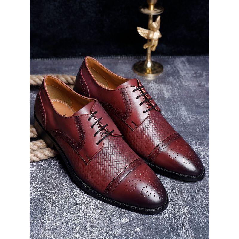 Louis Stitch Maroon Textured Italian Leather Handmade Oxfords Lace Up Shoes (Set of 6) (UK 12)