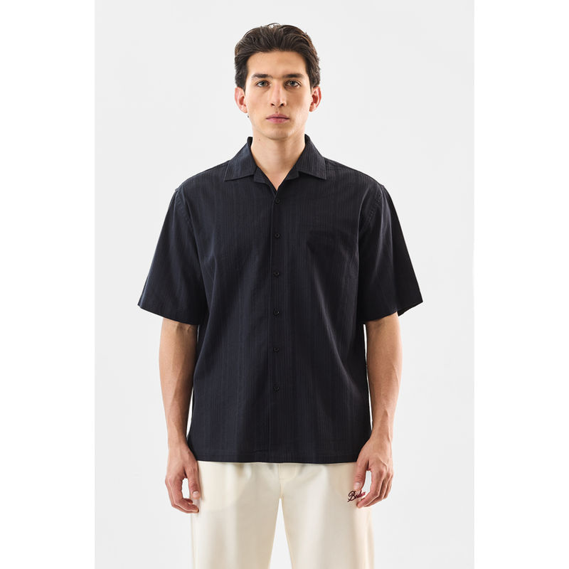 Snitch Black Stripes Half Sleeves Boxy Casual Shirt (XS)