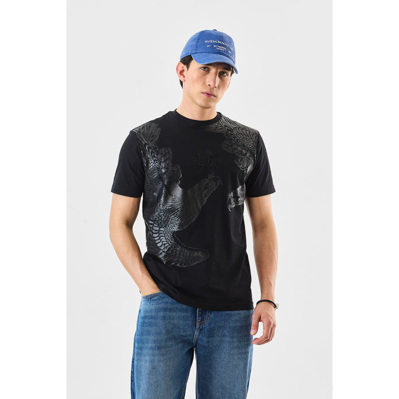 Snitch Black Printed Half Sleeves Slim Casual T-Shirt (S)