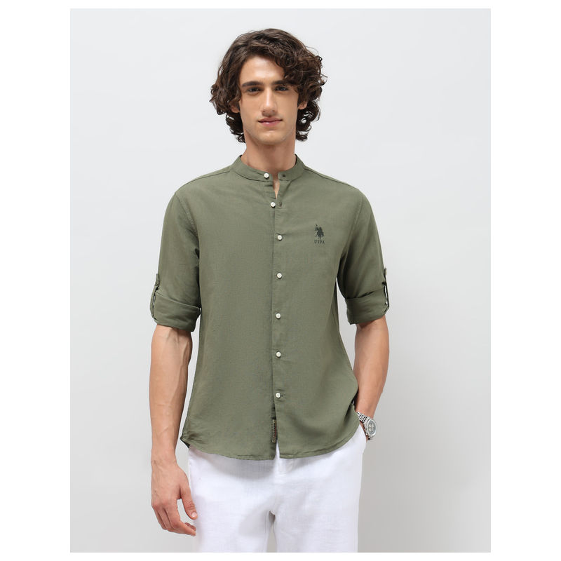 U.S. Polo Assn. Denim Co. Mens Green Solid Regular Fit Mandarin Casual Shirt (46)