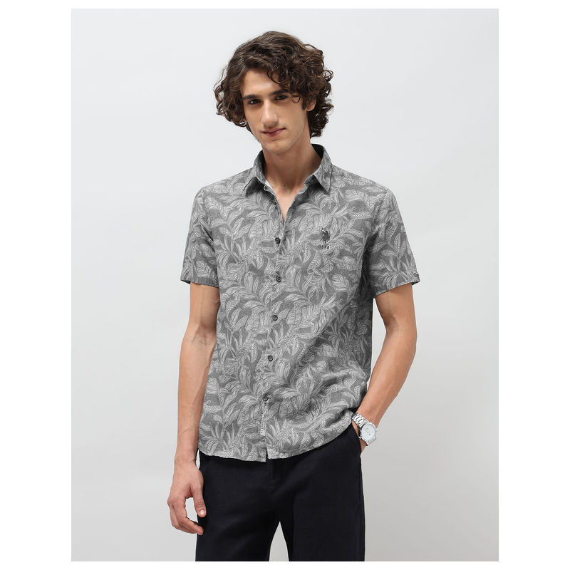 U.S. Polo Assn. Denim Co. Mens Grey Tropical Printed Slim Fit Casual Shirt (40)