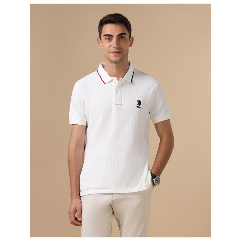 U.S. POLO ASSN. White Textured Chevron Varsity Polo T-Shirt (L)