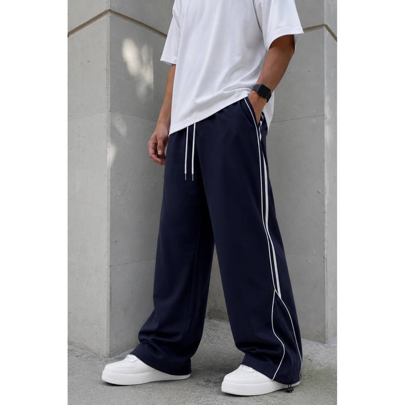 Kvetoo Mens Navy Blue Wide Leg Relaxed Fit Gym Trackpant (L)