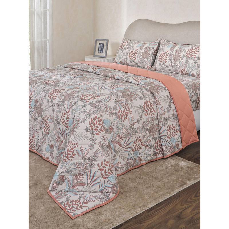 Maspar Peach Cotton Blend Floral Bedsheet with Quilt & 2 Pillow Cover (Double)