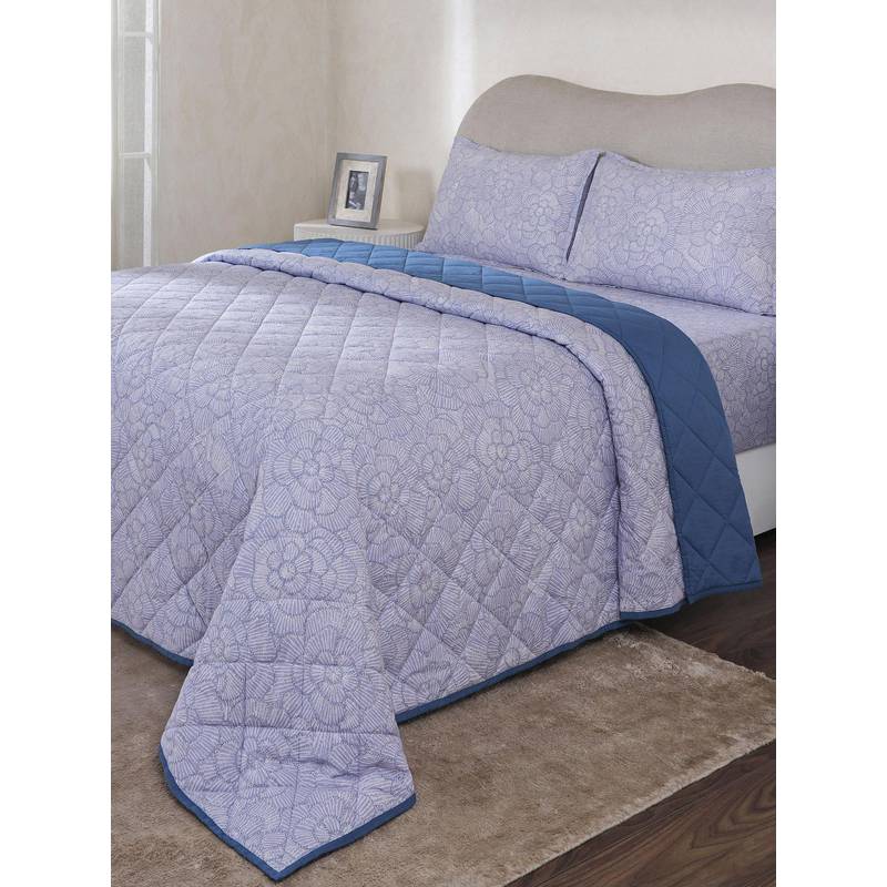 Maspar Purple Cotton Blend Floral Bedsheet with Quilt & 2 Pillow Cover (Double)
