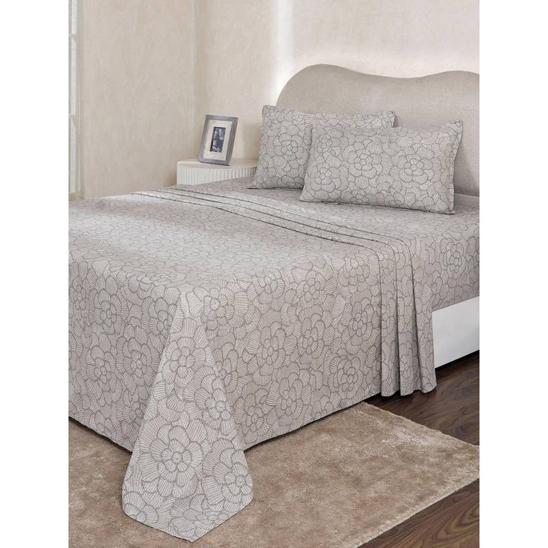 Maspar Beige Floral Cotton Bed Sheet with 2 Pillow Covers (Double)
