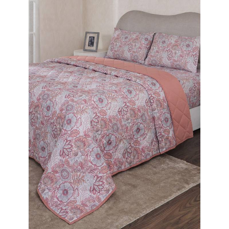 Maspar Pink Cotton Blend Floral Bedsheet with Quilt & 2 Pillow Cover (Double)