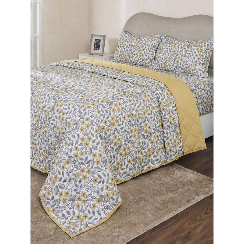 Maspar Yellow Cotton Blend Floral Bedsheet with Quilt & 2 Pillow Cover (Double)
