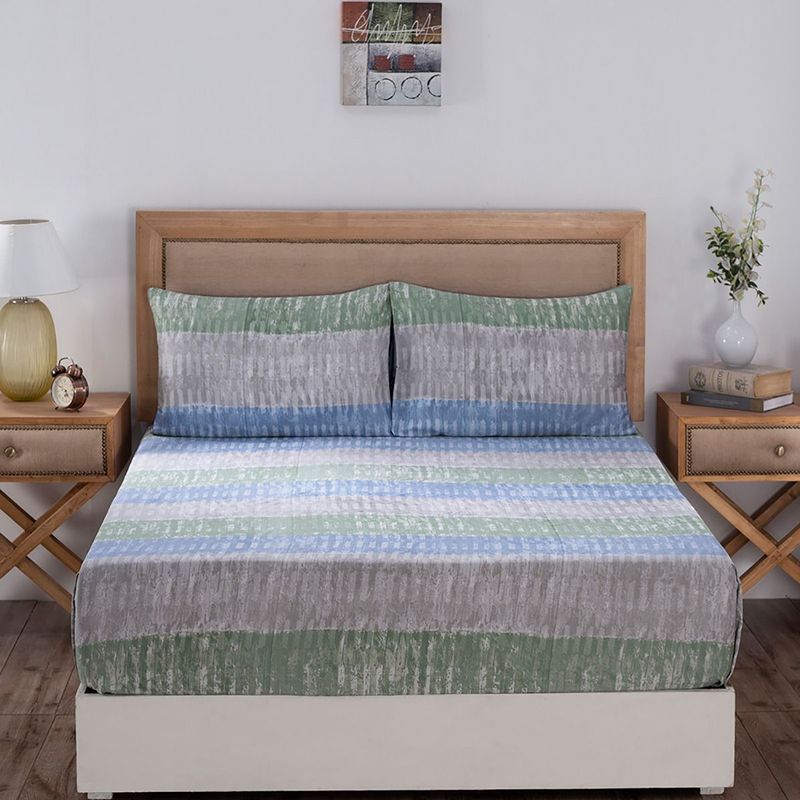 Maspar Hues Global Atelier Streak Tint 210 TC Cotton Blue Bed Sheet With 1 Pillow Cover (SINGLE)