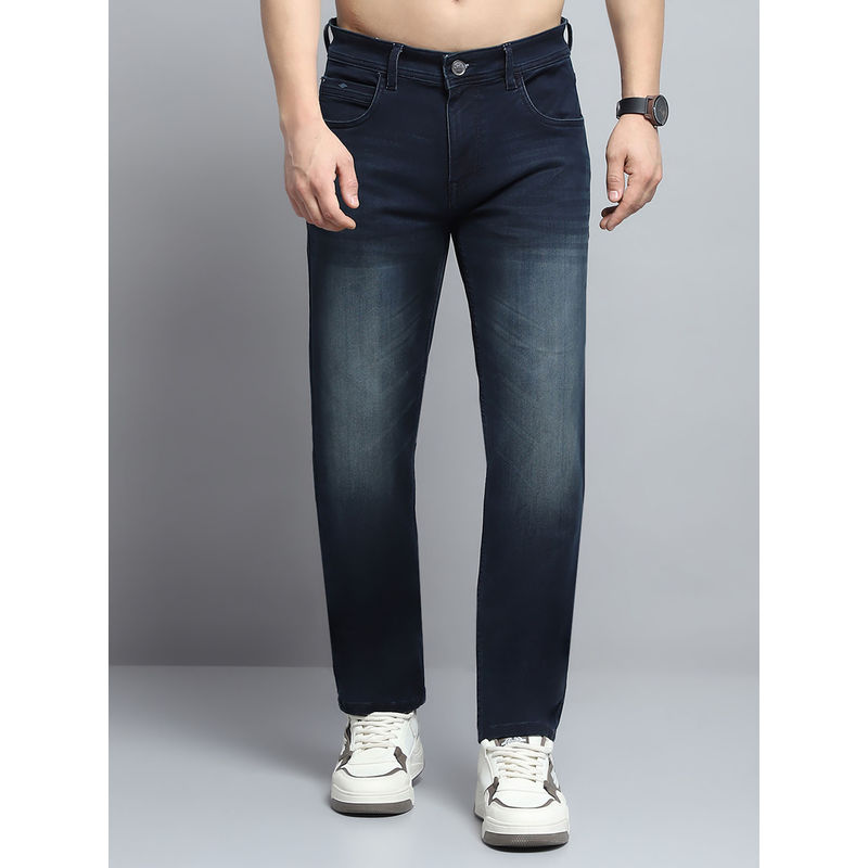 Monte Carlo Mens Solid Blue Mid Rise Regular Fit Jeans (38)