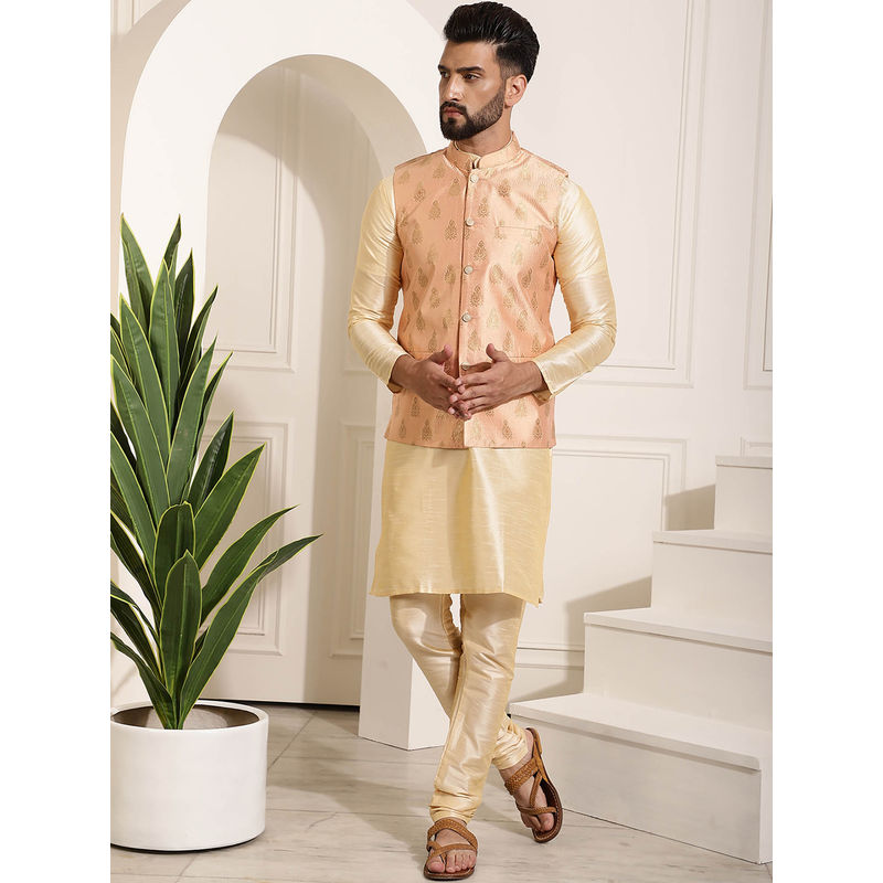 Men's Peach Woven Design Nehru Jacket With Solid Kurta Pyjama. main image 1
