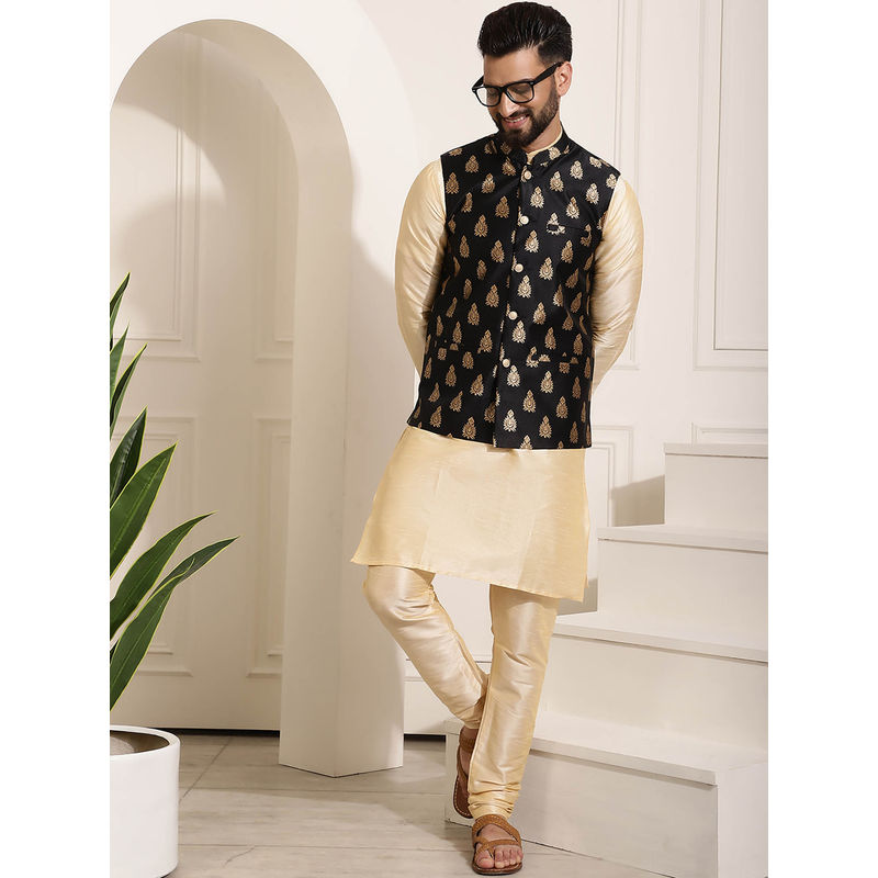 Sojanya Mens Silk Blend Gold Kurta Pyjama & Black Nehru Jacket (Set of 3) (38)